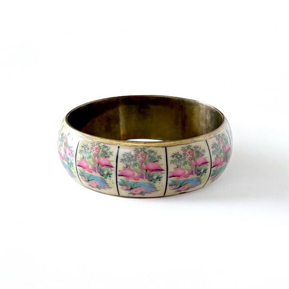 Vintage Chinese Flamingo Motif Bangle Bracelet - Picture 1 of 6